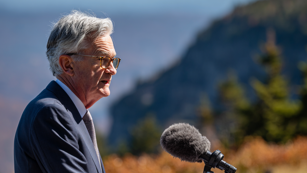 Federal Reserve Chairman delivering an outdoor speech.